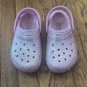 Sparkly Pink Fuzzy Kids Crocs